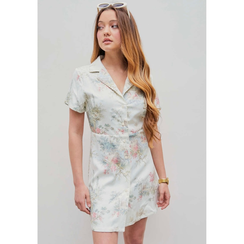 Cider Floral Tapestry Print Mini Dress Short Sleeve Button Down Cottagecore Sz L